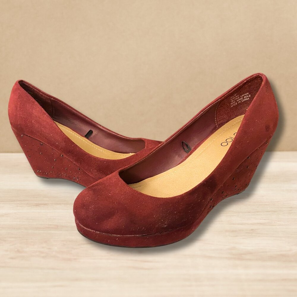 Me Too Brand Kate Red Velvet Wedge Platform Heels with Rhinestones